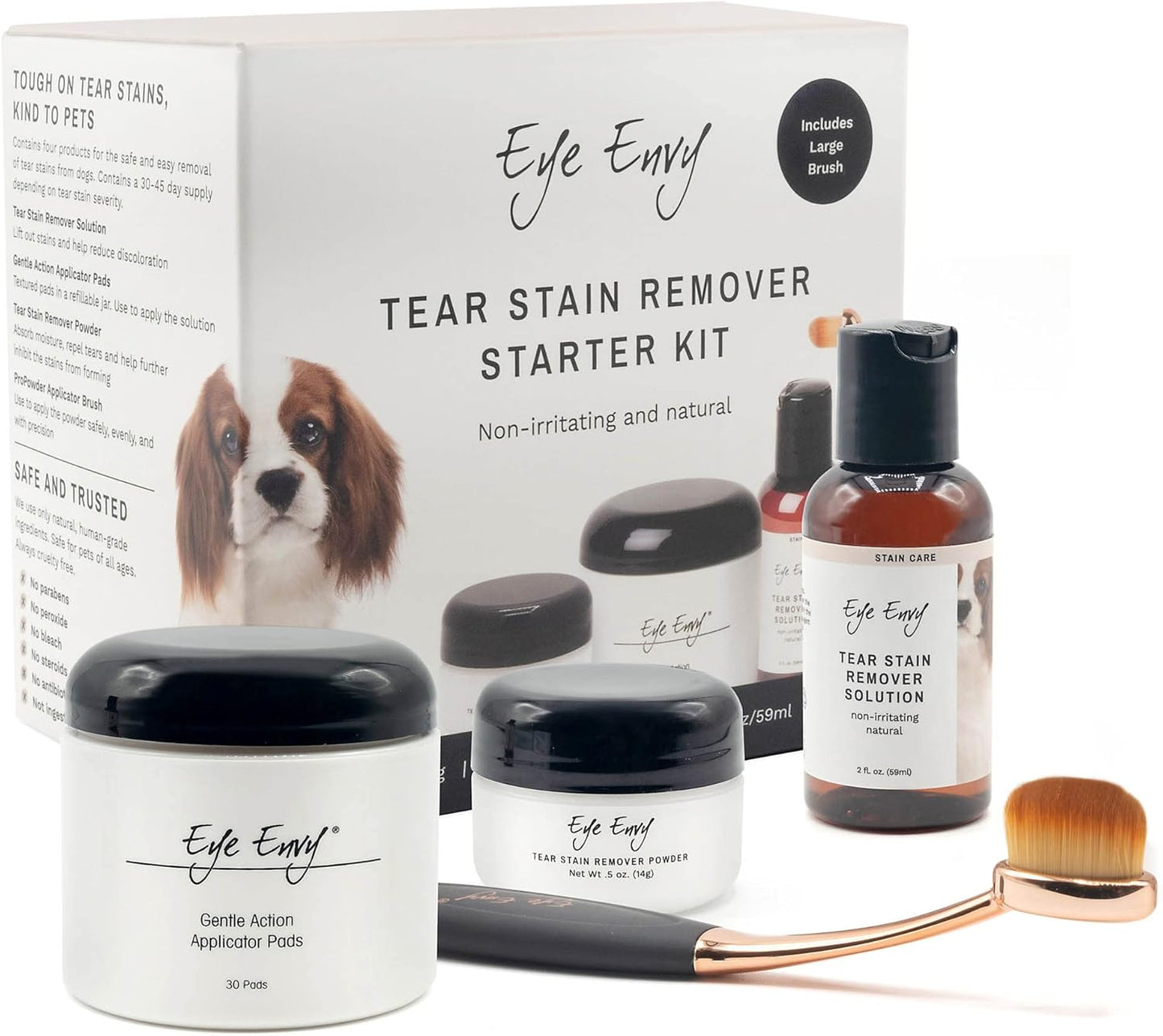 Eye Envy Dog Tear Stain Remover Starter Kit with ProPowder Brush | Stain Solution, Applicator Pads, Stain Powder and Small Applicator Brush | Lasts 30-45 Days