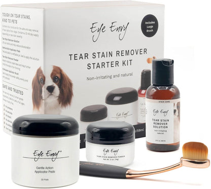 Eye Envy Dog Tear Stain Remover Starter Kit with ProPowder Brush | Stain Solution, Applicator Pads, Stain Powder and Small Applicator Brush | Lasts 30-45 Days