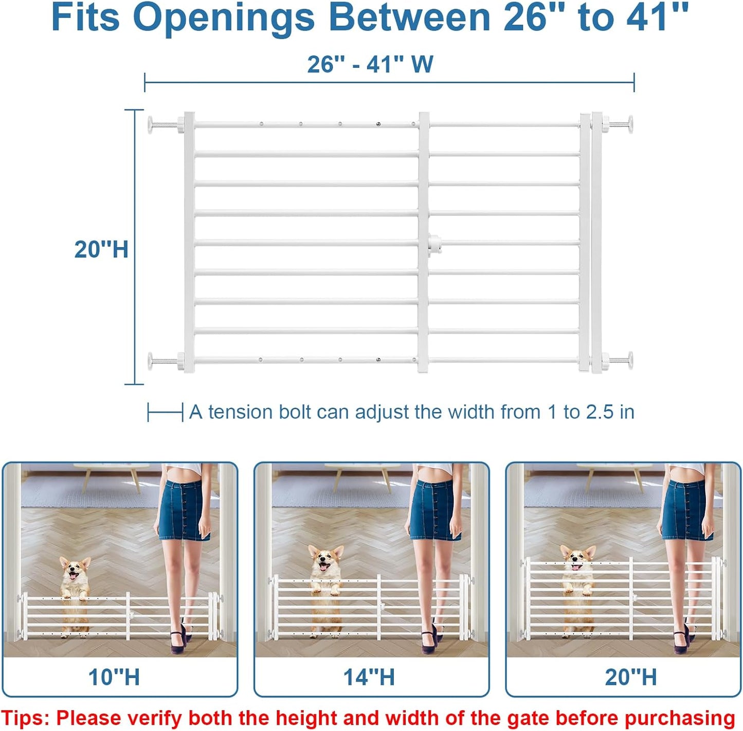 Malier Indoor Dog Gate with Door, 26-41" Extra Wide Full Metal Pet Gate Short Dog Gate for Stairs, Pressure Mount 10'' Tall Small Puppy Low Gate Easy Step Over for Doorways
