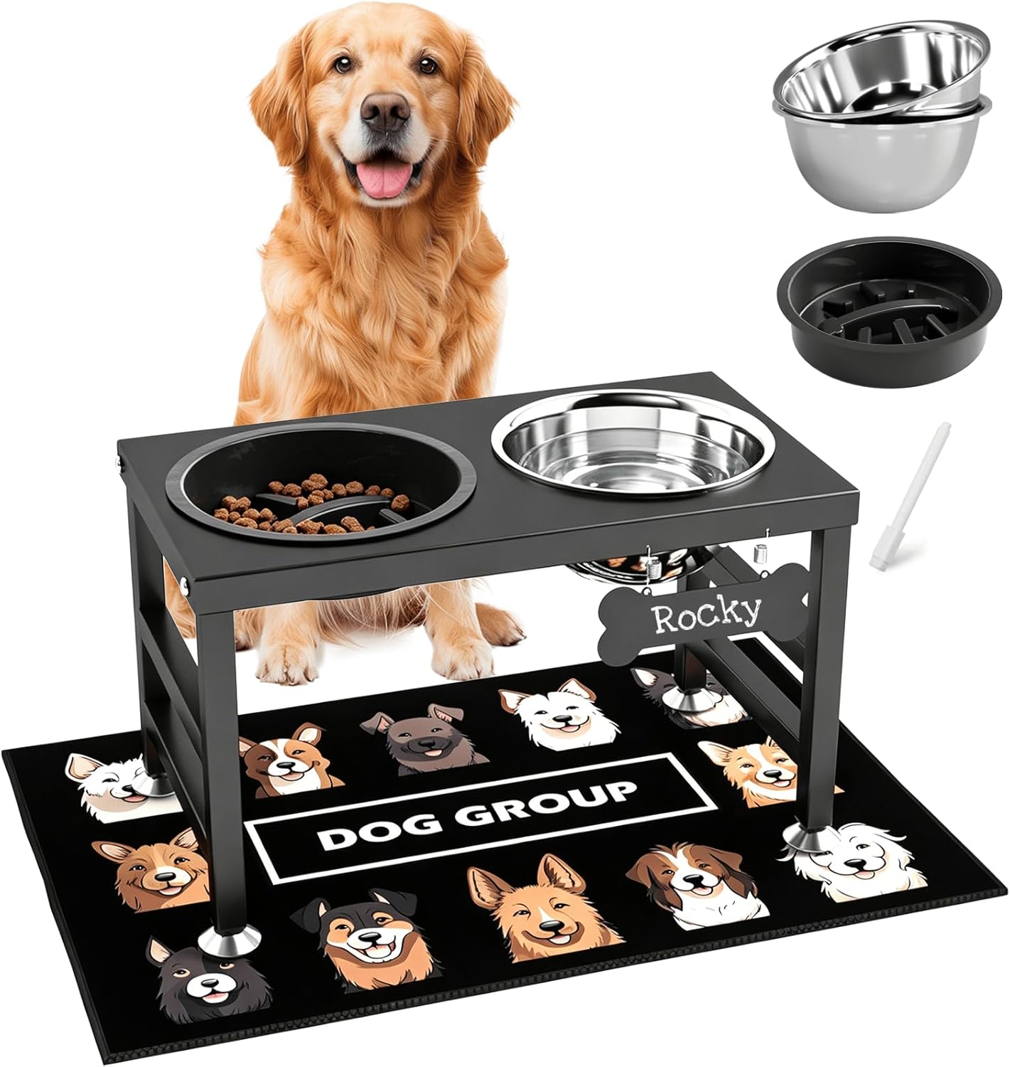 ADENGL Metal Raised Dog Bowl, 10" Tall Elevate Dog Feeder Stand with 2 Stainless Steel 42oz Bowls & 16x24 Non-Slip Mat – Stronger Dogs Food & Water Bowl Stand (Black)