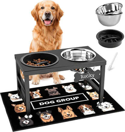 ADENGL Metal Raised Dog Bowl, 10" Tall Elevate Dog Feeder Stand with 2 Stainless Steel 42oz Bowls & 16x24 Non-Slip Mat – Stronger Dogs Food & Water Bowl Stand (Black)