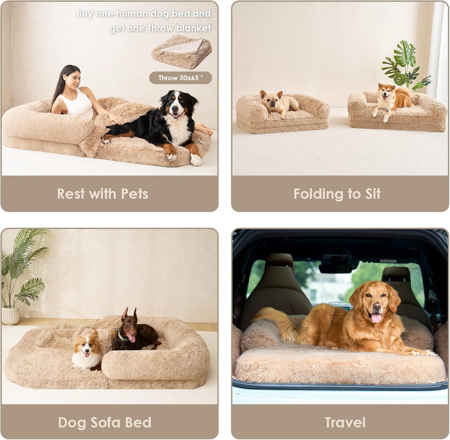 EHEYCIGA Foldable XXL Dog Bed for Large Sized Dog, 54"x38"x7.5" Faux Fur Fluffy Pet Couch Bed, Orthopedic Calming Memory Foam Big Pet Bed, Washable Pet Sofa Bed with Non-Slip Bottom, Dark Grey