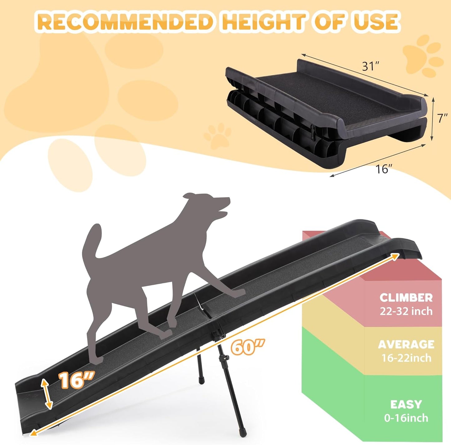 COZIWOW Folding Dog Ramps, 62”L Portable Pet Ramp for Large Dogs SUV,Cars,Lightweight Cat Ramp Non-Skid Surface Steps for High Bed,Stairs,Couch-Easy Storage(Black, 62" L)