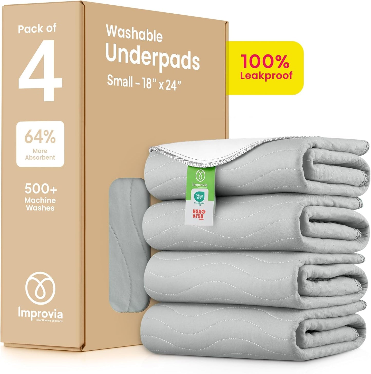 IMPROVIA® Washable Underpads, 34" x 36" (Pack of 4) - Heavy Absorbency Reusable Bedwetting Incontinence Pads for Kids, Adults, Elderly, and Pets - Waterproof Protective Pad for Bed, Couch, Sofa, Floor