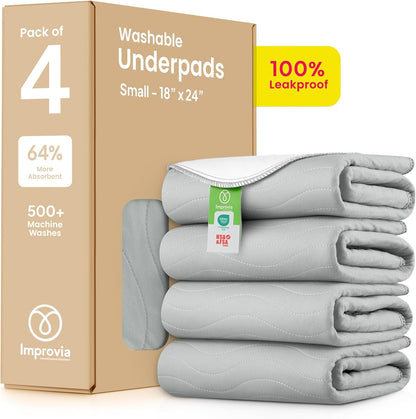 IMPROVIA® Washable Underpads, 34" x 36" (Pack of 4) - Heavy Absorbency Reusable Bedwetting Incontinence Pads for Kids, Adults, Elderly, and Pets - Waterproof Protective Pad for Bed, Couch, Sofa, Floor