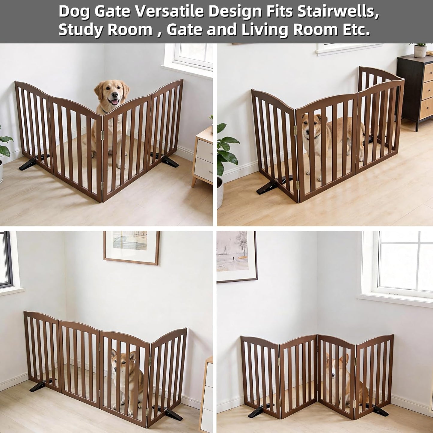 Freestanding Dog Gate Indoor,Doggie Gate Foldable Pet Gates for Doorways,Stairs or Hallways, Wooden Brown Pet Gate for the House, Pet Fence with Support Feet Included,24 "Height-3 Panels