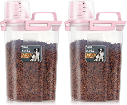Dog Cat Food Storage Container, Pet Food Container Airtight with Large Spout & Cup, BPA-Free Plastic Food Dispenser for Pet Food, Bird Seed, Rice, Flour - Pink 2.5-5lb (1 pack)