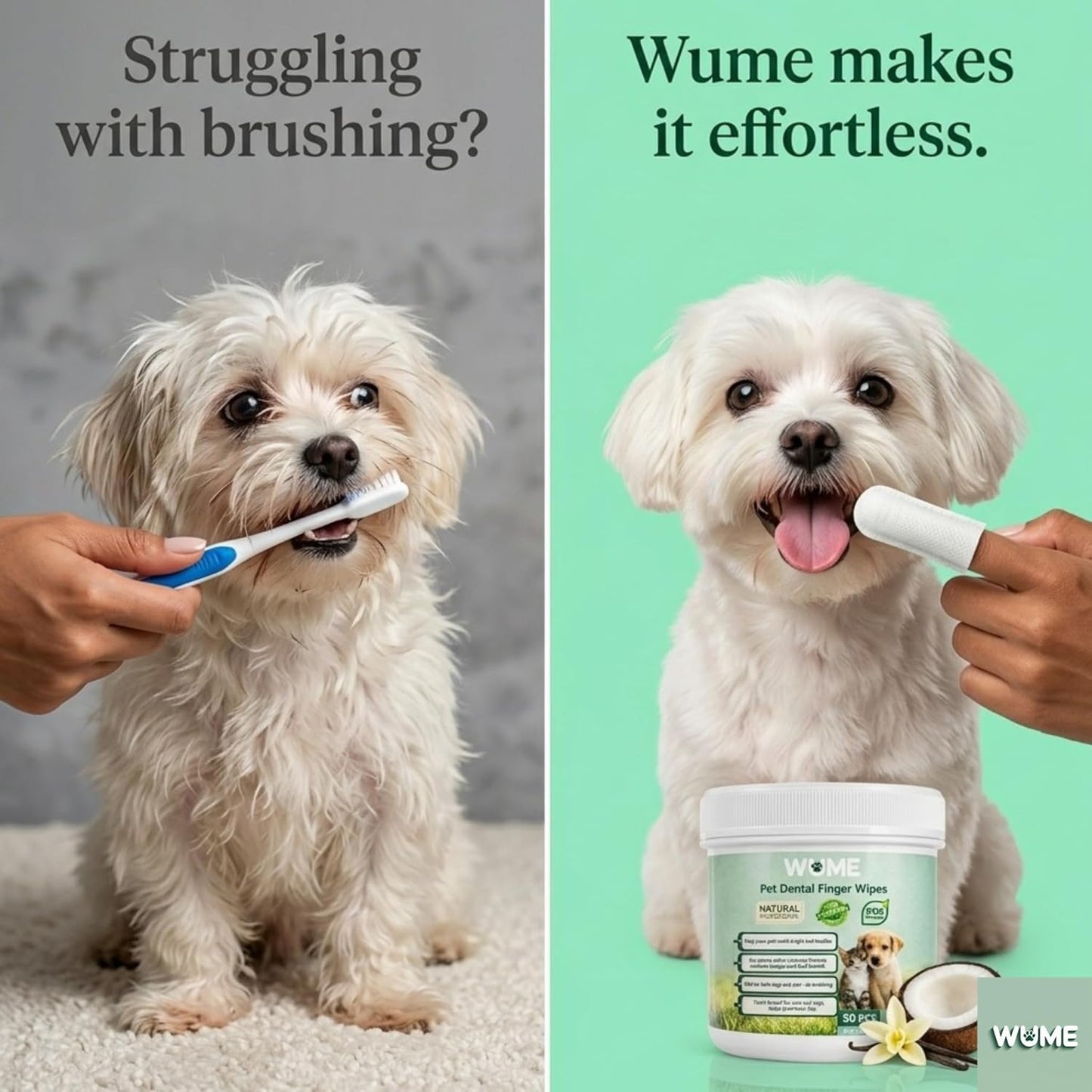 WUME Pet Dental Finger Wipes for Dogs & Cats Vet-Inspired Teeth Cleaning Wipes, Toothbrush Alternative, Gentle, Alcohol-Free, Disposable, 50 Counts