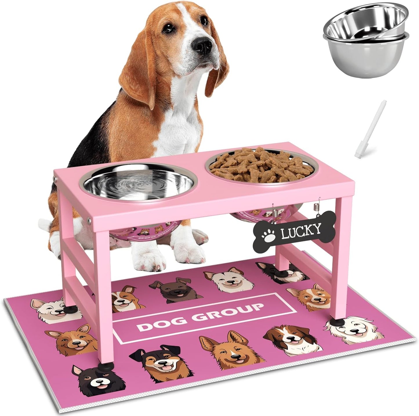 ADENGL Elevated Dog Bowls, 10" Tall Height, Raised Bowl Stand with 2 Stainless Steel Food Feeder Bowls (58oz) and Spill-Proof Mat for Medium Large and Small Breeds