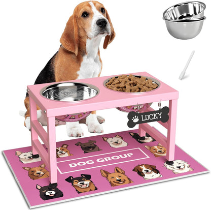 ADENGL Elevated Dog Bowls, 10" Tall Height, Raised Bowl Stand with 2 Stainless Steel Food Feeder Bowls (58oz) and Spill-Proof Mat for Medium Large and Small Breeds