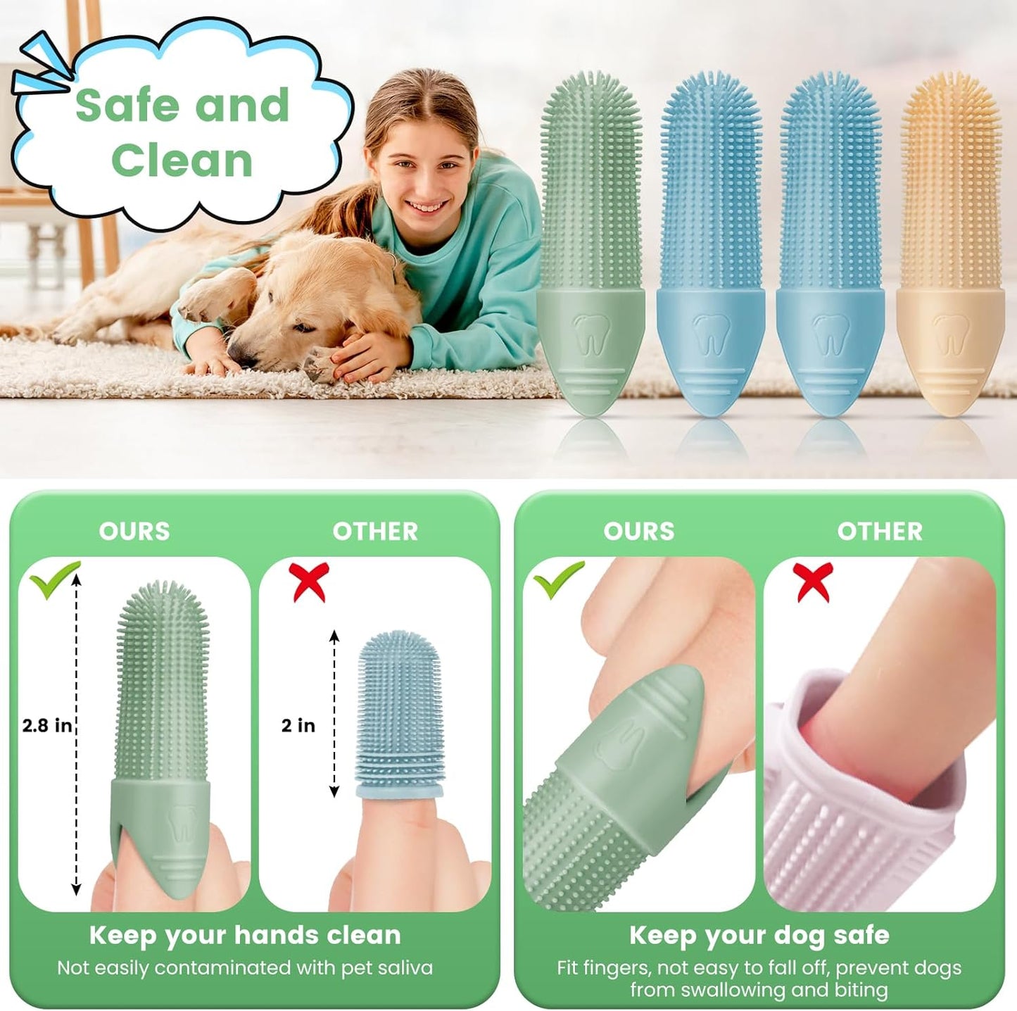 Duckart 4 Pack Dog Toothbrush, 360° Cleaning Finger Brush for Dogs Teeth, Food Grade Silicone Pet Brush Fits Most Fingers, Puppy Toothbrush for Dogs & Cats Dental Care