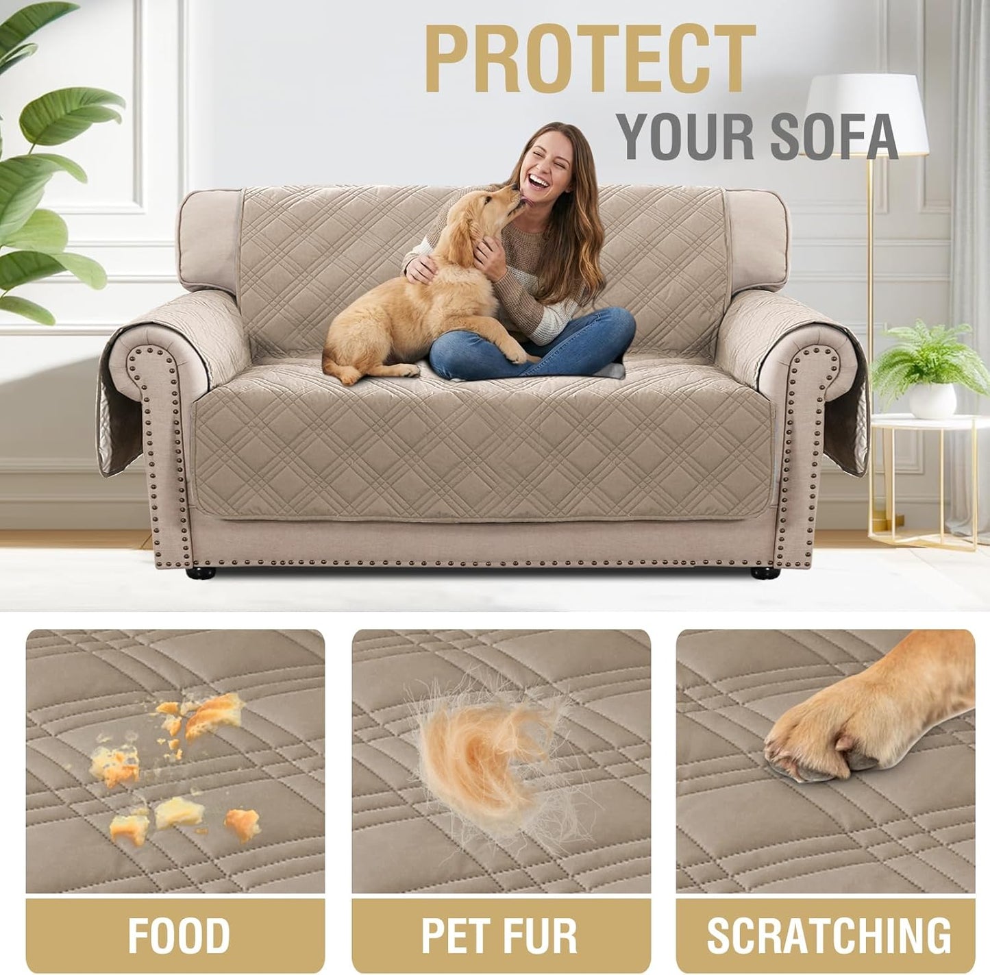 H.VERSAILTEX 100% Waterproof Slipcovers for Couches and Sofas Modern Pet Couch Cover Thick Soft Furniture Protector with Elastic Straps(Sofa, Lily Pad/Beige)