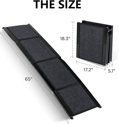 Extra Long Dog Ramp for Car, SUV & Truck - Portable Folding Pet Ramp for Large Dogs (Up to 250lbs) with Non-Slip Rug Surface & Safety Rope - Lightweight Aluminum for Easy Storage, (71" X19.5")