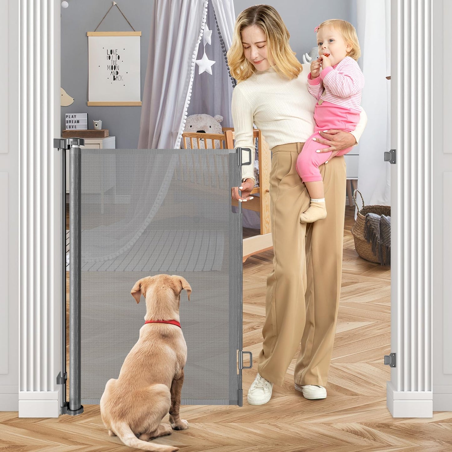 42 Inch Extra Tall Dog Gate Indoor 55” Wide Puppy Gates for The House Prevent Kids/Pets from Jumping Over Retractable Extra Tall Baby Gates for Doorways Retractable Outdoor Pet Gate for Stairs, Black