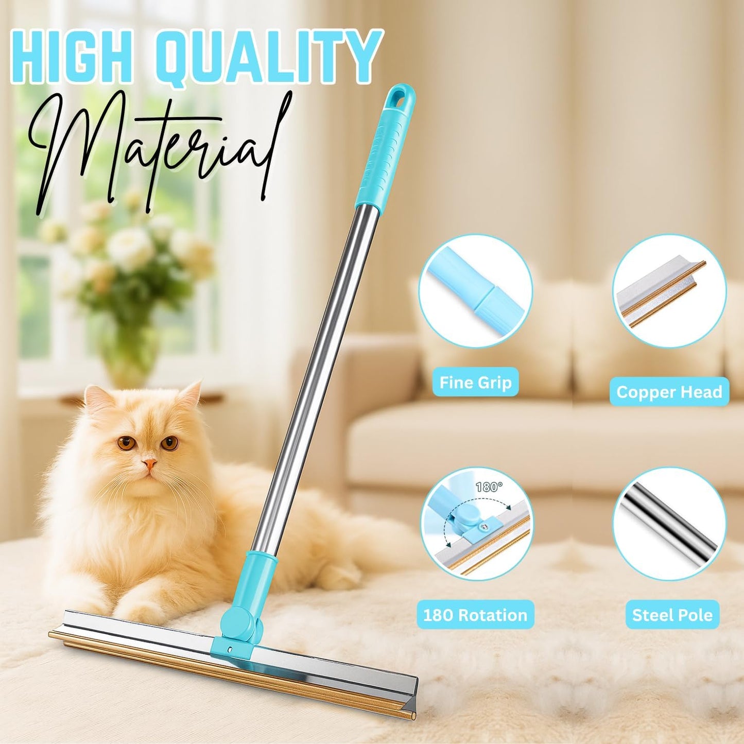 Carpet Rake for Pet Hair Removal Tool 5-in-1 Set Includes Retractable Carpet Rake, Grooming Brush, Hair Scraper, Hooks & Lint Removers for Carpets, Rugs, Furniture & Car Interiors