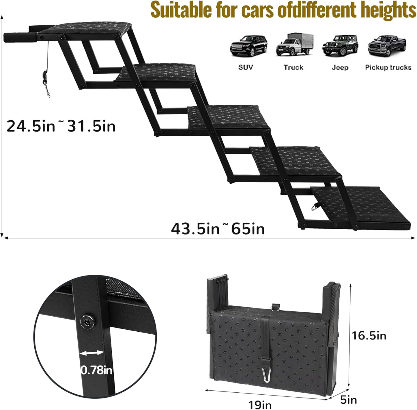 Dog Stairs for Car - Foldable Dog Ramps for Large Dogs with Non Slip Surface, Portable Dog Steps for Cars and SUV, Truck, Support Up to 200 Lbs