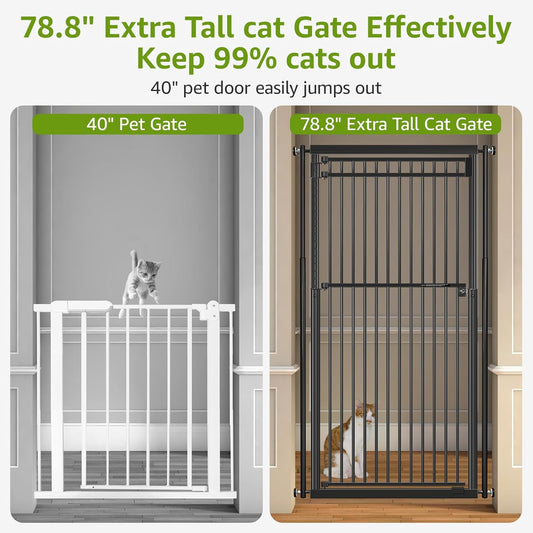 78.8" Extra Tall Cat Gate, 28.3-33" Wide Safety Metal Cat Door, Pressure Mounted Easy Walk Through Pet Gate with Door for Stairs, Doorways (Black)