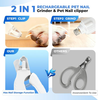 2-in-1 Pet Nail Clipper & Grinder with Dual LED Lights, USB Rechargeable, Electric Multi-Function Grinding, Quiet Operation with Splash Guard, Suitable for Small/Medium/Larg