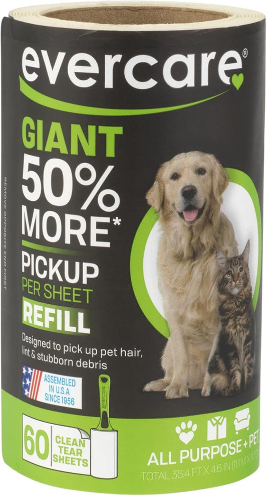 Evercare Pet Lint Roller Refill, Manual Operation, 60 Sheets per Roll, 6 Count Refill Pack for Pet Hair Removal, Green
