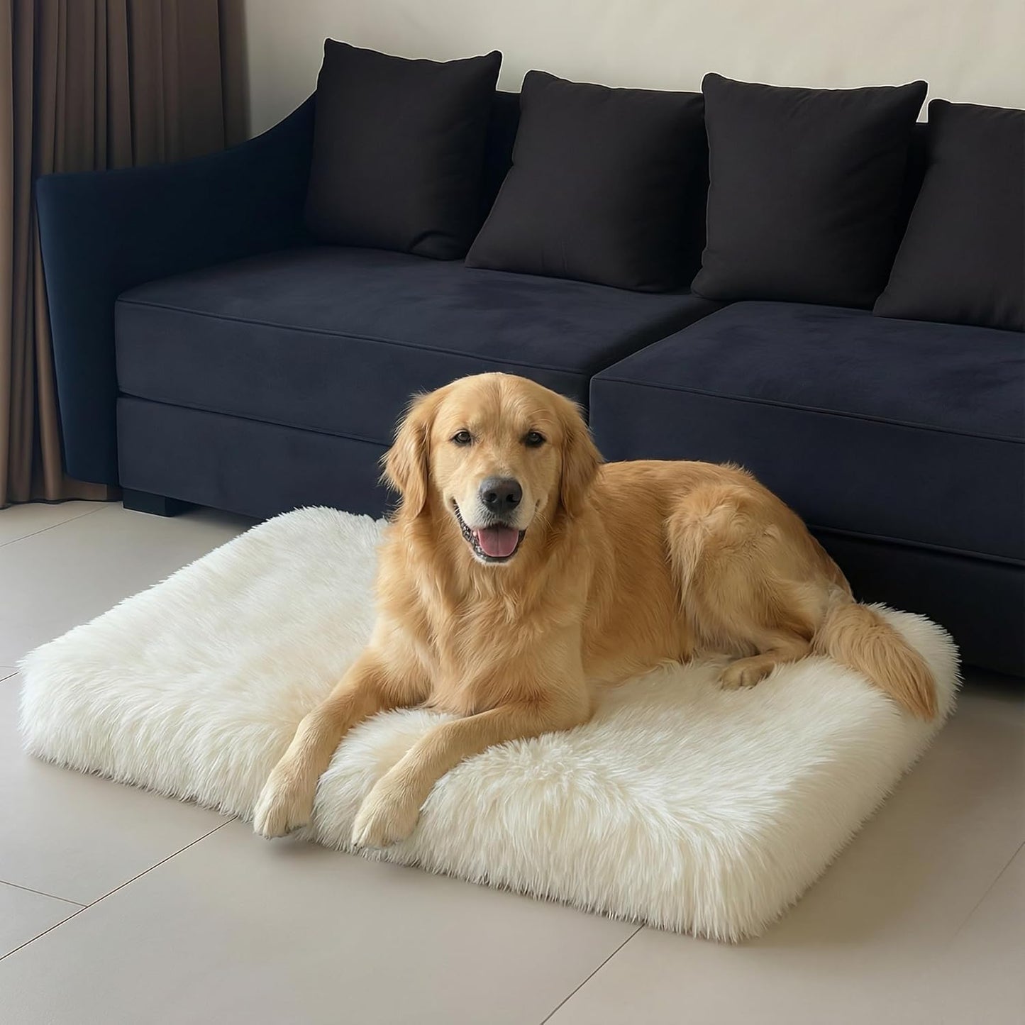 IHAPPYDOG Luxury Faux Fur Orthopedic Dog Bed, Memory Foam Dog Bed for Small, Medium, Large and XL Pets, Fluffy Pet Bed with Waterproof and Washable Cover (White w/Brown Tips, 50"x30")