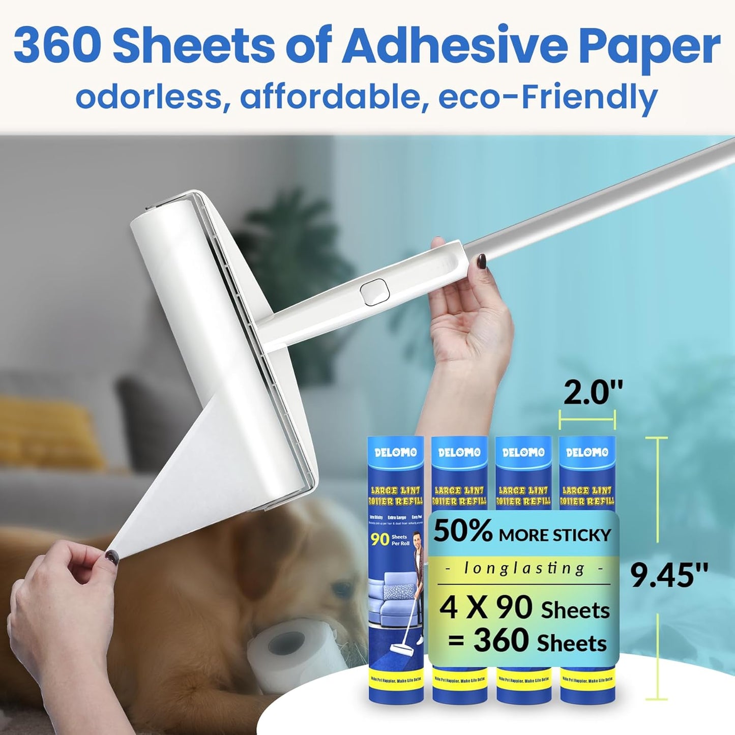 Large Lint Roller for Floors Carpet Furniture Bed – 9.45" Wide Extra Sticky Pet Hair Remover, 4 Refills 360 Sheets Value Pack, Long Handle for No-Bending Cleaning –Ideal for Dog Cat Owners Homes