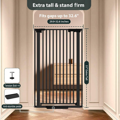 51'' Extra Tall Cat Gate for Doorways Hallways 30-40.9'' Wide, Pressure Mounted Pet Dog Gates No Drilling Auto Close, Cat Fence Barrier Indoor Climb Proof (Black)