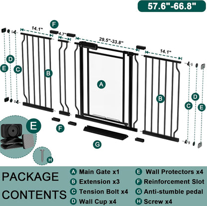 Fairy Baby Triple Lock Clear Baby Gate for Doorways, 57.6”-66.8” Extra Wide Acrylic Dog Gate for Stairs, Safety Child Gate Pressure Mounted No Drill, Auto Close Clear Pet Gate One-Hand Opening, Black
