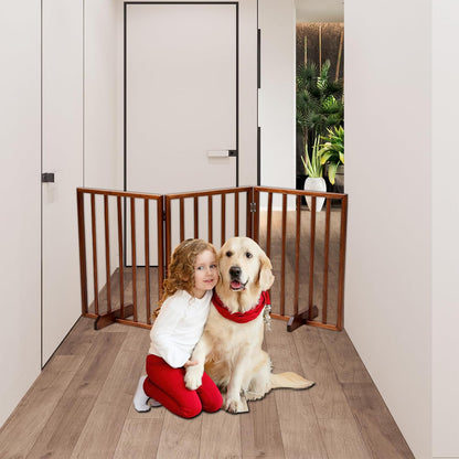 BONNLO Free Standing Dog Gate Indoor, Foldable Pet Gate for Dogs and Puppy, 24" Height Wooden Dog Gates for Doorways Extra Wide/Stairs/Hallways (Walnut, 3 Panel)
