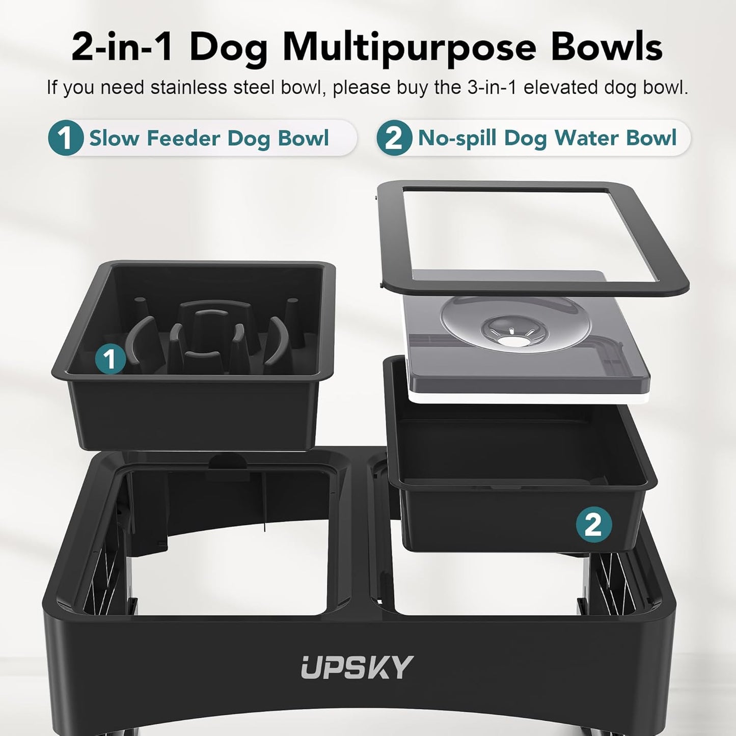 UPSKY 2-in-1 Elevated Dog Bowls Slow Feeder, 4 Height Adjustable Raised Bowl Stand, No Spill Dog Water Bowls, Anti-Slip Food and Water Bowls for Small Medium Dogs(Not Include Stainless Steel Bowl)