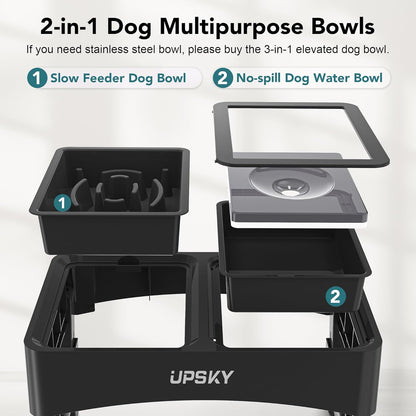 UPSKY 2-in-1 Elevated Dog Bowls Slow Feeder, 4 Height Adjustable Raised Bowl Stand, No Spill Dog Water Bowls, Anti-Slip Food and Water Bowls for Small Medium Dogs(Not Include Stainless Steel Bowl)