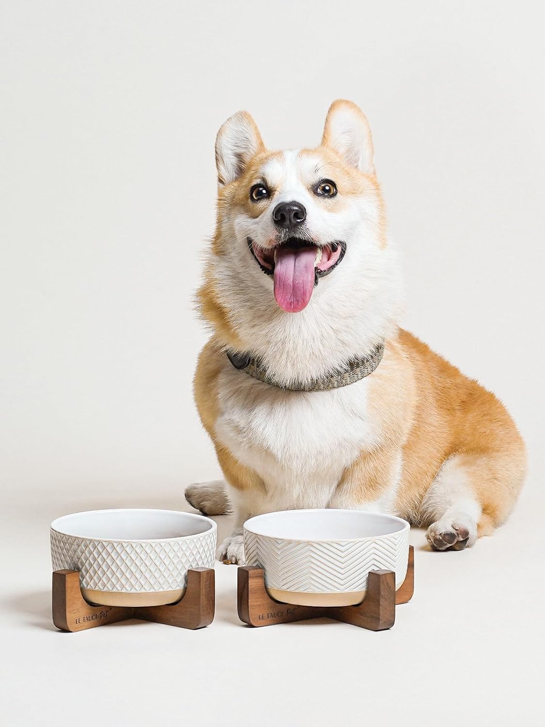 LE TAUCI PET Ceramic Dog and Cat Bowl Set with Acacia Wood Stand - 2 Cup Weighted Non-Slip Food and Water Bowls for Small Dogs & Cats, Lines + Dot