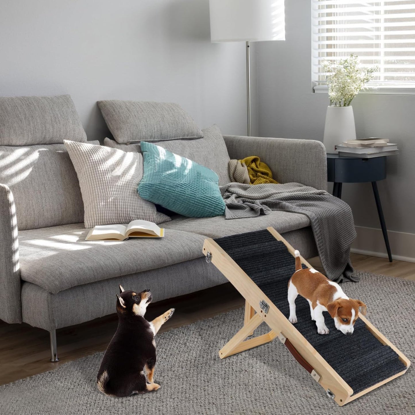 Wooden Adjustable Dog Ramp for Small Dogs, Folding Portable Doggie Ramp Rated for 55 LBS Adjustable 8.3"-17.3" Dog Ramp for Bed with Non-Slip Traction Mat