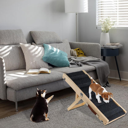 Wooden Adjustable Dog Ramp for Small Dogs, Folding Portable Doggie Ramp Rated for 55 LBS Adjustable 8.3"-17.3" Dog Ramp for Bed with Non-Slip Traction Mat
