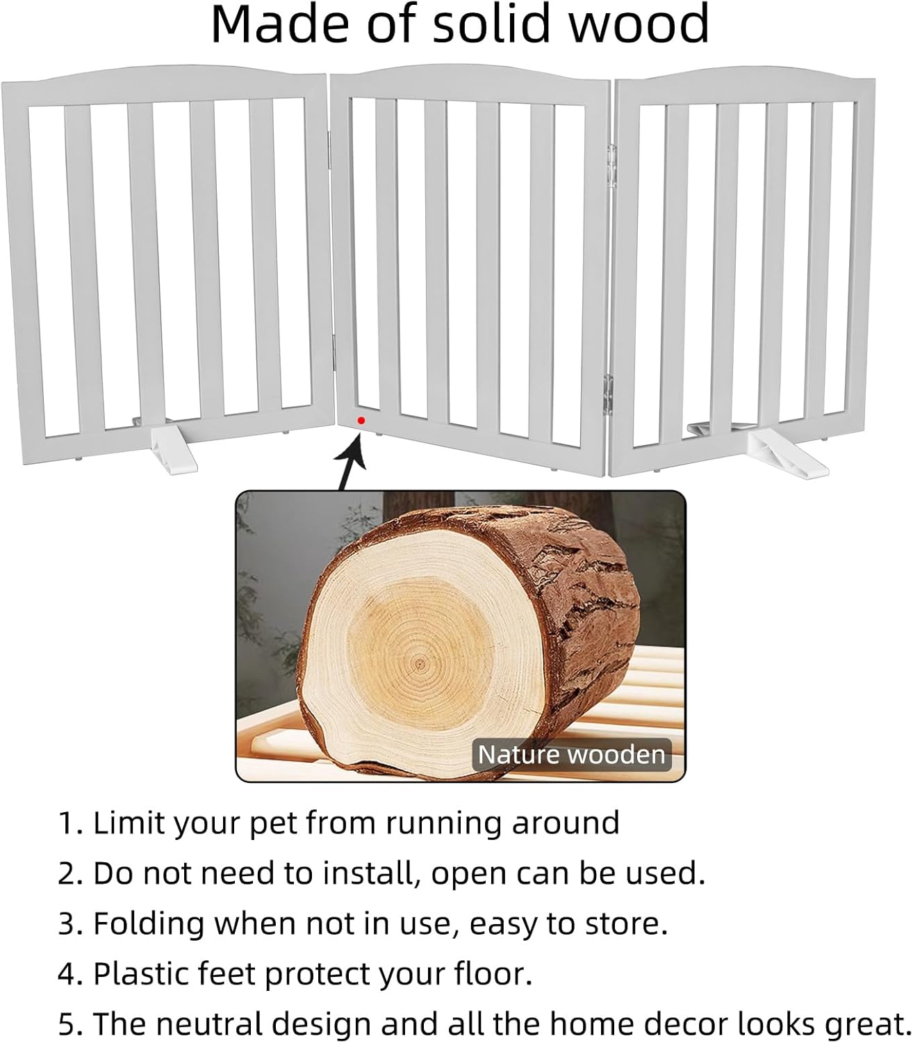 Freestanding Dog Gate Indoor,Doggie Gate Foldable Dog Gates for Doorways,Stairs or Hallways, Wooden White Pet Gate for the House, Pet Fence with Support Feet Included,24 "Height-4 Panels