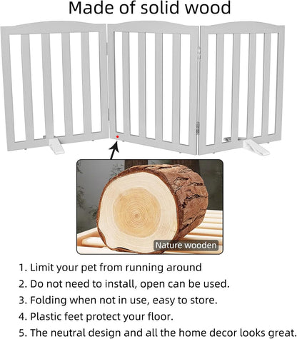 Freestanding Dog Gate Indoor,Doggie Gate Foldable Dog Gates for Doorways,Stairs or Hallways, Wooden White Pet Gate for the House, Pet Fence with Support Feet Included,24 "Height-4 Panels
