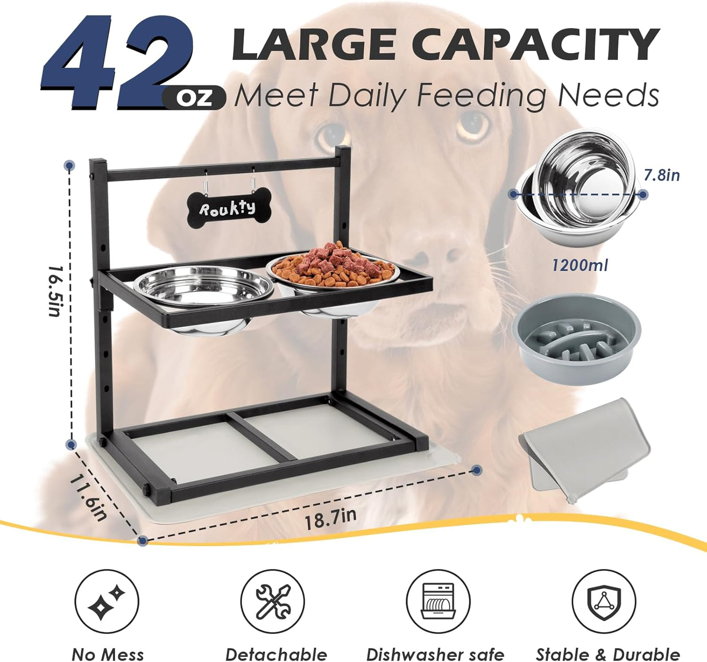 ADENGL Metal Raised Dog Bowl, 10" Tall Elevate Dog Feeder Stand with 2 Stainless Steel 42oz Bowls & 16x24 Non-Slip Mat – Stronger Dogs Food & Water Bowl Stand (Black)