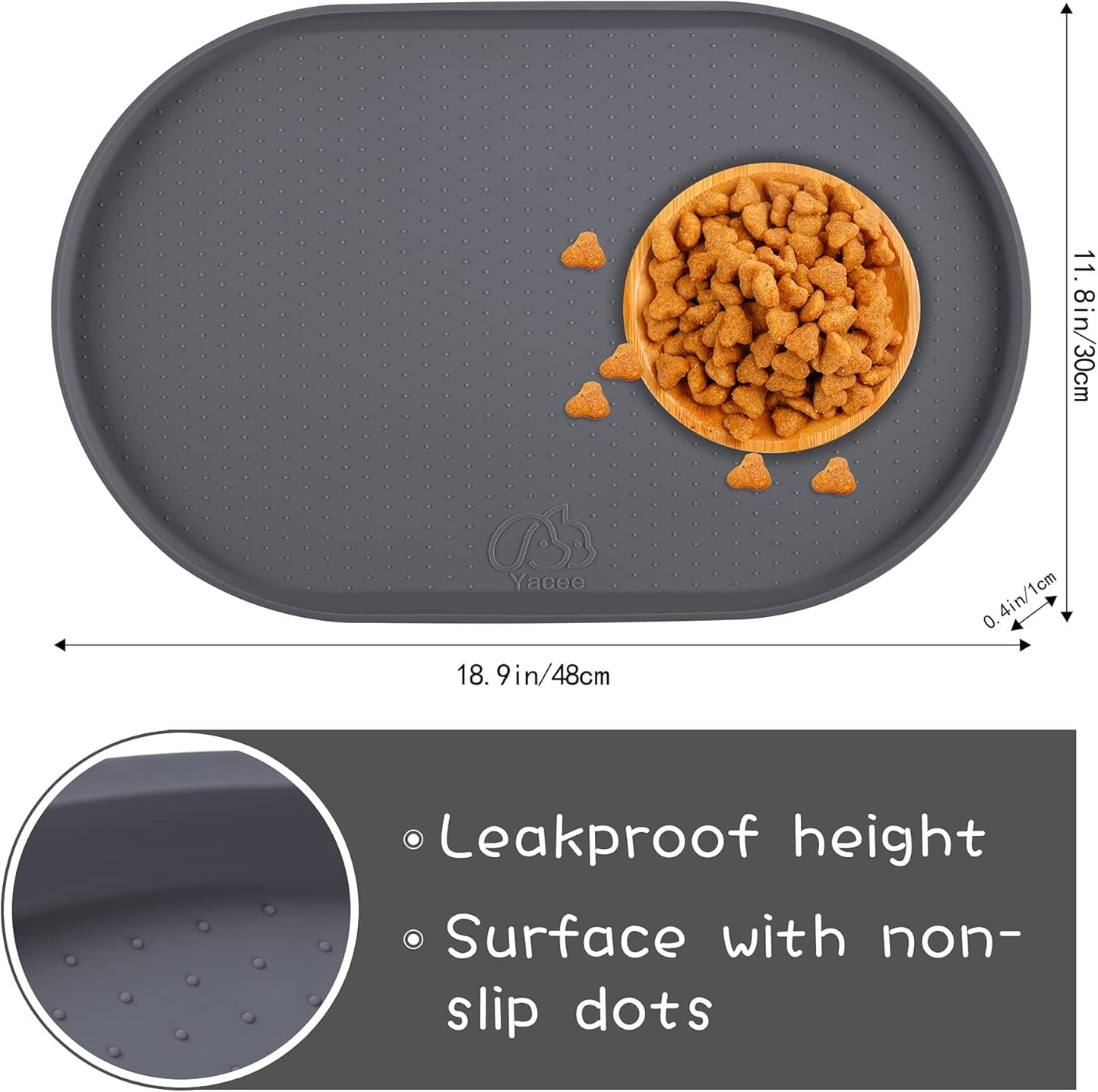 100% Waterproof 0.5" Raised Edge BPA Free Silicone Dog Food Mat, Pet Cat Feeding Mats Contain Spills Protects Floors, Placemats for Cats and Dogs Water Bowl Dishwasher. (Small, Gray)