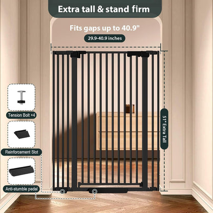 51'' Extra Tall Cat Gate for Doorways Hallways 30-40.9'' Wide, Pressure Mounted Pet Dog Gates No Drilling Auto Close, Cat Fence Barrier Indoor Climb Proof (Black)