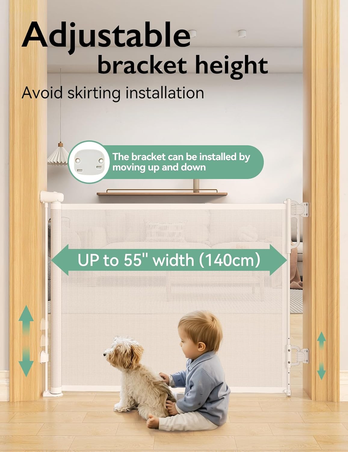 Momcozy Auto Lock Retractable Baby Gate, Safety Gate for Baby and Pet, 33” Tall, Extends to 55” Wide, Mesh Safety Dog Gate for Stairs, Indoor, Outdoor, Doorways, Hallways