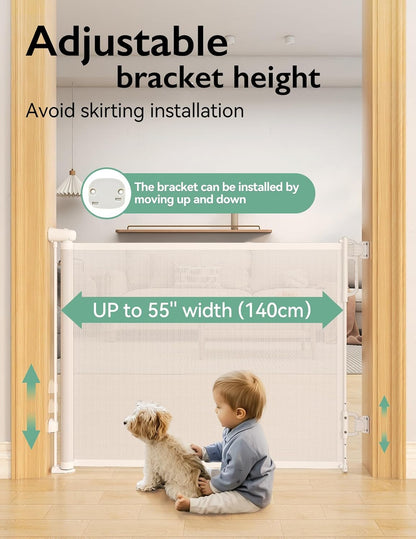 Momcozy Auto Lock Retractable Baby Gate, Safety Gate for Baby and Pet, 33” Tall, Extends to 55” Wide, Mesh Safety Dog Gate for Stairs, Indoor, Outdoor, Doorways, Hallways