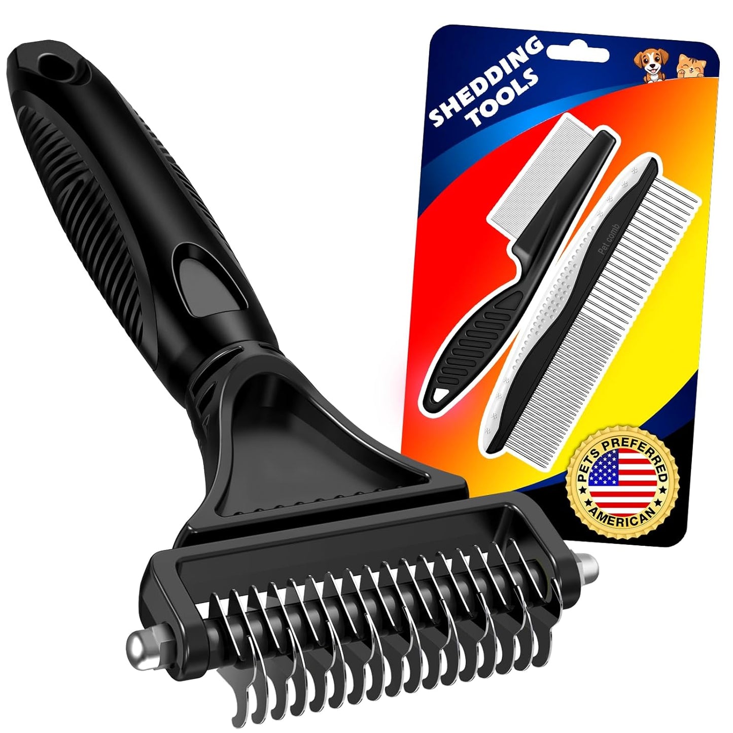 3PCS Pet Grooming Rake & Metal Comb & Flea Comb for Cats and Dogs, Double-Sided Dematting Tool, Extra-Wide Deshedding Dog Brush for Long Hair to Effectively Remove Tangles, Knots and Mats (Blue)
