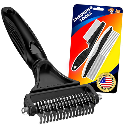 3PCS Pet Grooming Rake & Metal Comb & Flea Comb for Cats and Dogs, Double-Sided Dematting Tool, Extra-Wide Deshedding Dog Brush for Long Hair to Effectively Remove Tangles, Knots and Mats (Blue)