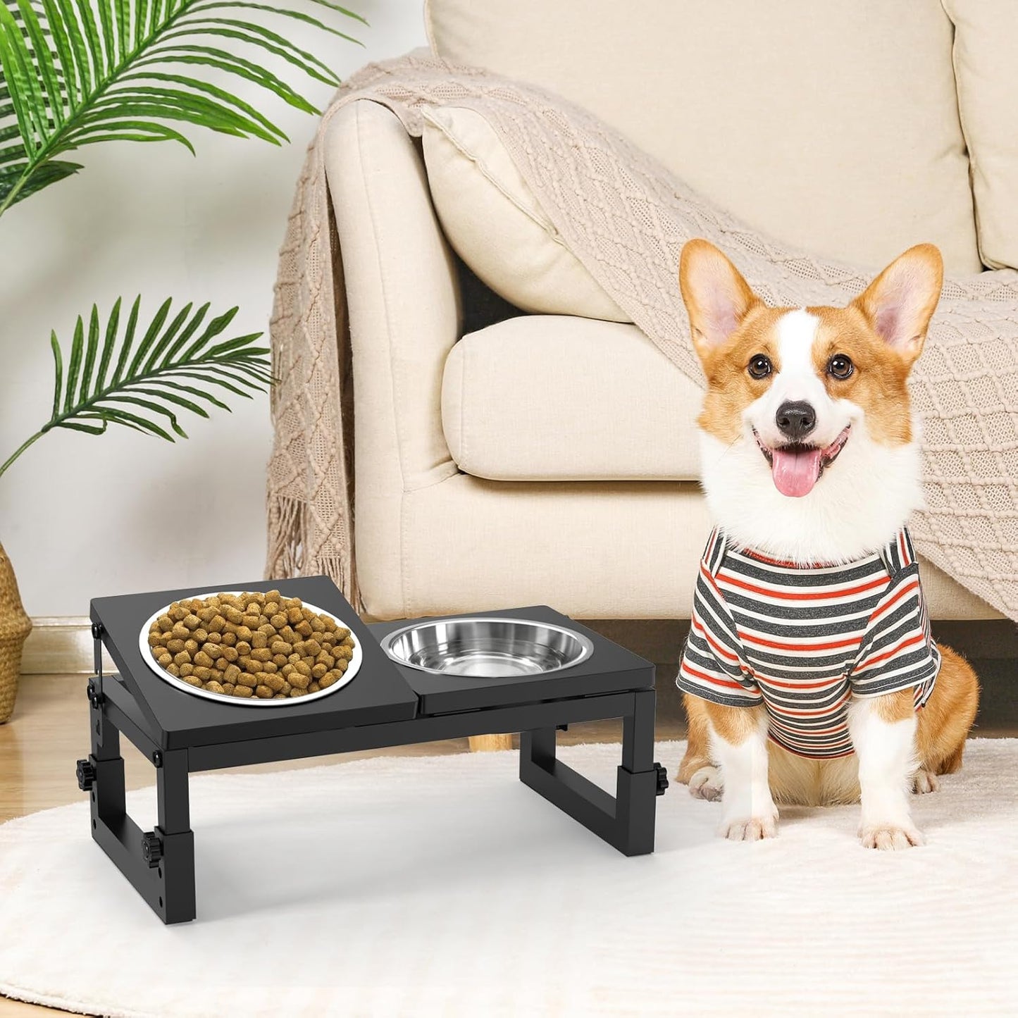 Dog Bowls Elevated, 4 Height (9.6" to15) & Angle (0-20°) Adjustable Raised Dog Bowl Stand, Elevated Dogs Bowl for Medium to Large Sized, Bamboo Feeding Station with 2X 10cups Stainless Steel Dishes
