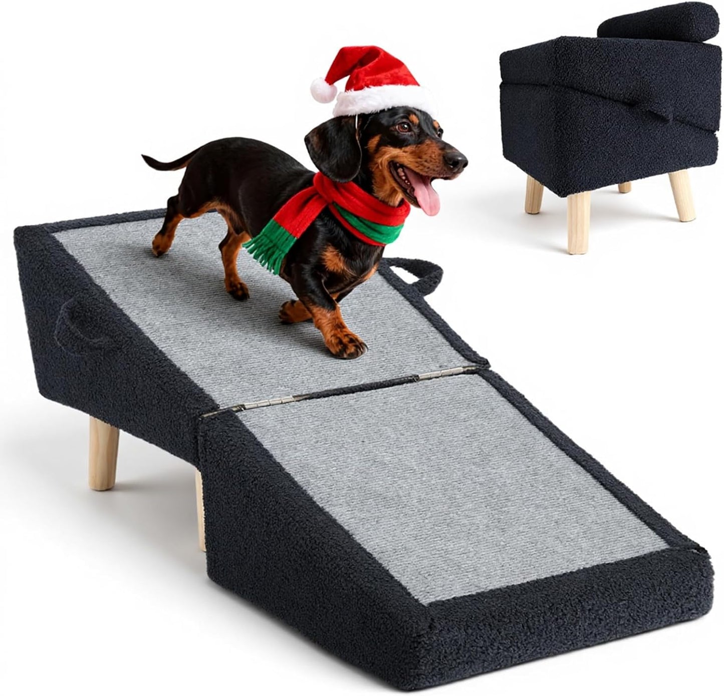 Dog Stairs for Small Dogs and Cats – 2-in-1 Dog Ramp for Couch and Low Bed, 16.5'' Foldable Wooden Pet Ramp, Sturdy Multi-Use Split Ottoman Design, Beige
