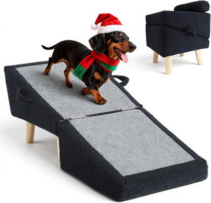 Dog Stairs for Small Dogs and Cats – 2-in-1 Dog Ramp for Couch and Low Bed, 16.5'' Foldable Wooden Pet Ramp, Sturdy Multi-Use Split Ottoman Design, Beige