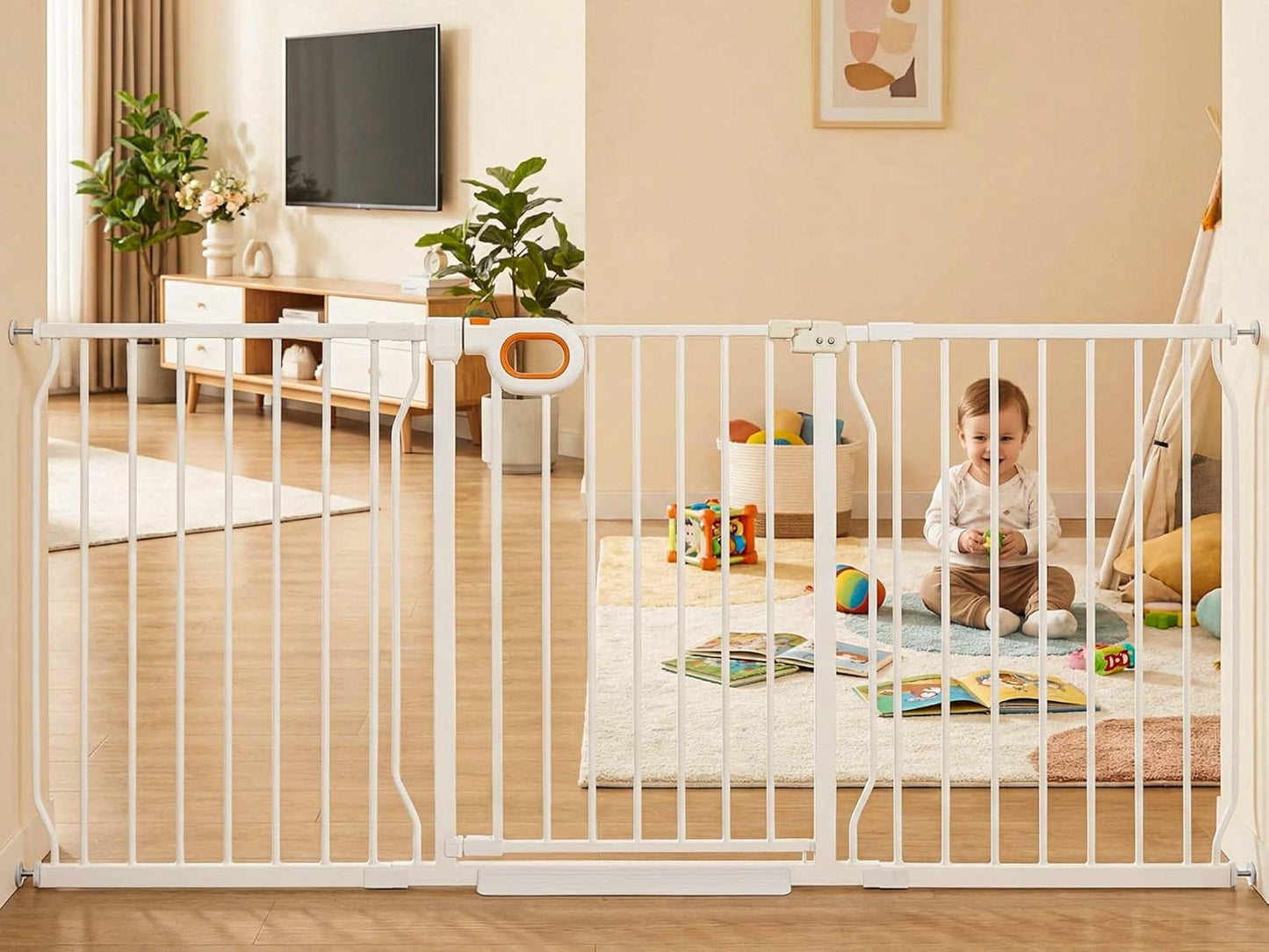 Baby Gates Extra Wide for Doorways 90.6-95.2 Inch Extra Wide Pressure Mounted Baby Dog Gate for the House Indoor Large Openning Metal Safety Gate No Drilling with Walk-Through Door,Black