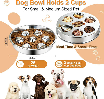 Stainless Steel Slow Feeder Dog Bowls,2 Pcs Slow Food Bowl for Dog & Cat - 2 Cups Capacity,Bone-Shaped Design Pet Food Holder,Metal Non-Slip Lick Plate,Puzzle Maze Dish for Small & Medium Sized Breeds