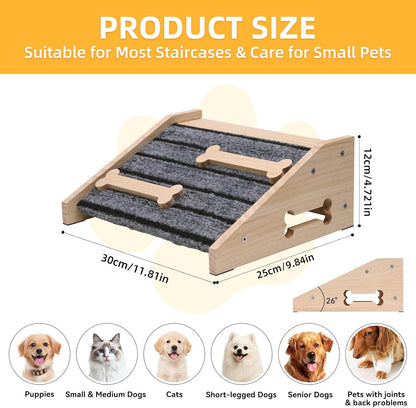 2-Pack Wooden Dog Ramp for Stairs - Natural Pine Wood Pet Step Ramp with Anti-Slip Bone Strips & Felt Padding, Stair Wedge for Small Medium Dogs, Indoor Home Safety Access for Injured Dogs