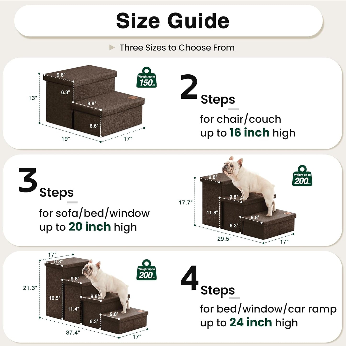 Love's cabin Dog Stairs with Storage 13" H, Foldable Pet Stairs for Small Medium or Large Dogs, Cat Puppy Steps Ramp with Zip up to 150 lbs, Solid Grey, 2 Steps