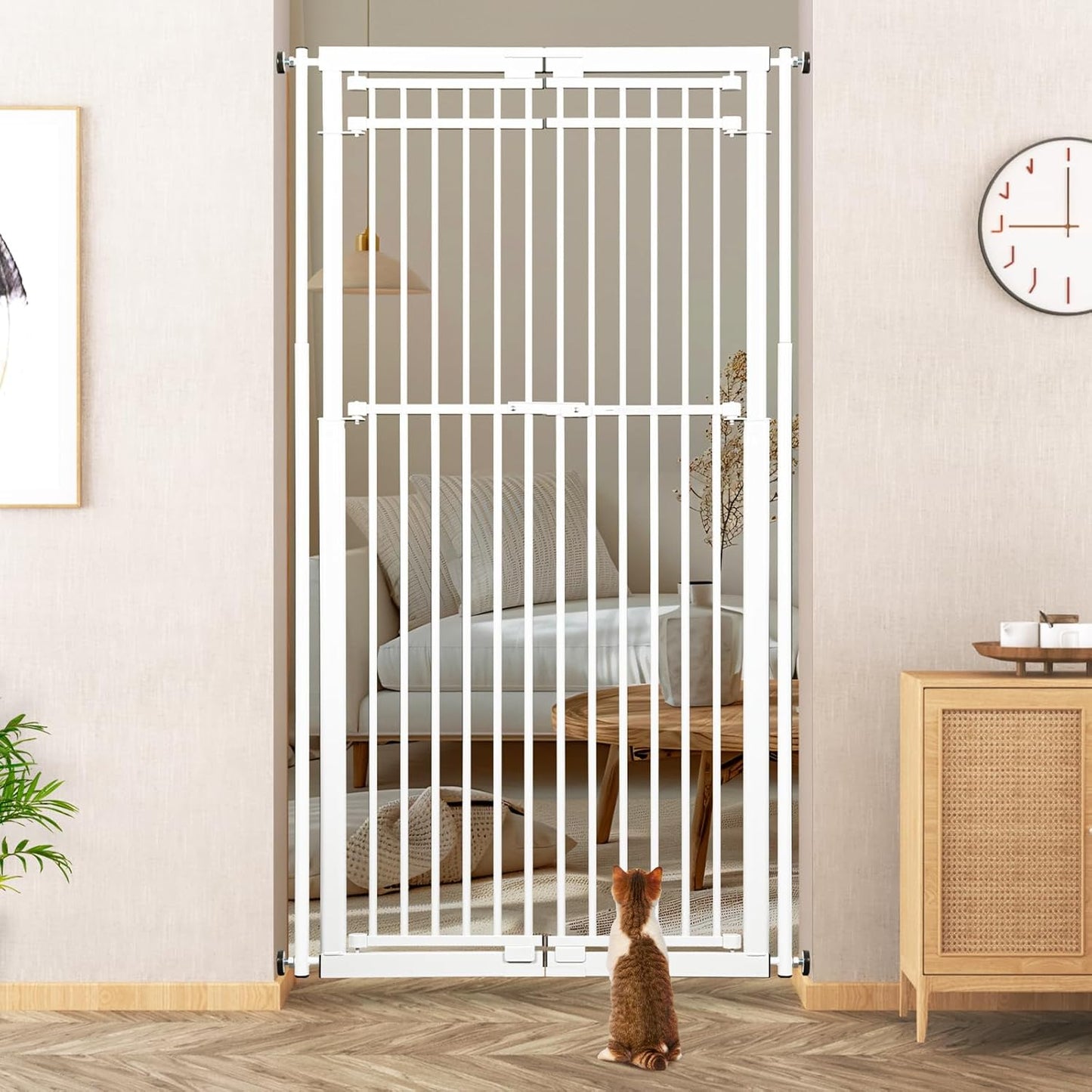 78.8" Extra Tall Cat Gate, 28.3-33" Wide Safety Metal Cat Door, Pressure Mounted Easy Walk Through Pet Gate with Door for Stairs, Doorways, Black